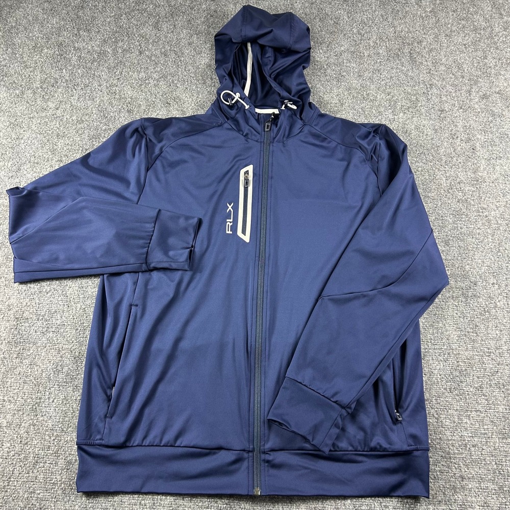 RLX Ralph Lauren Jacket Mens XL Navy Blue Hooded Full Zip Performance Golf Logo - Picture 2 of 10